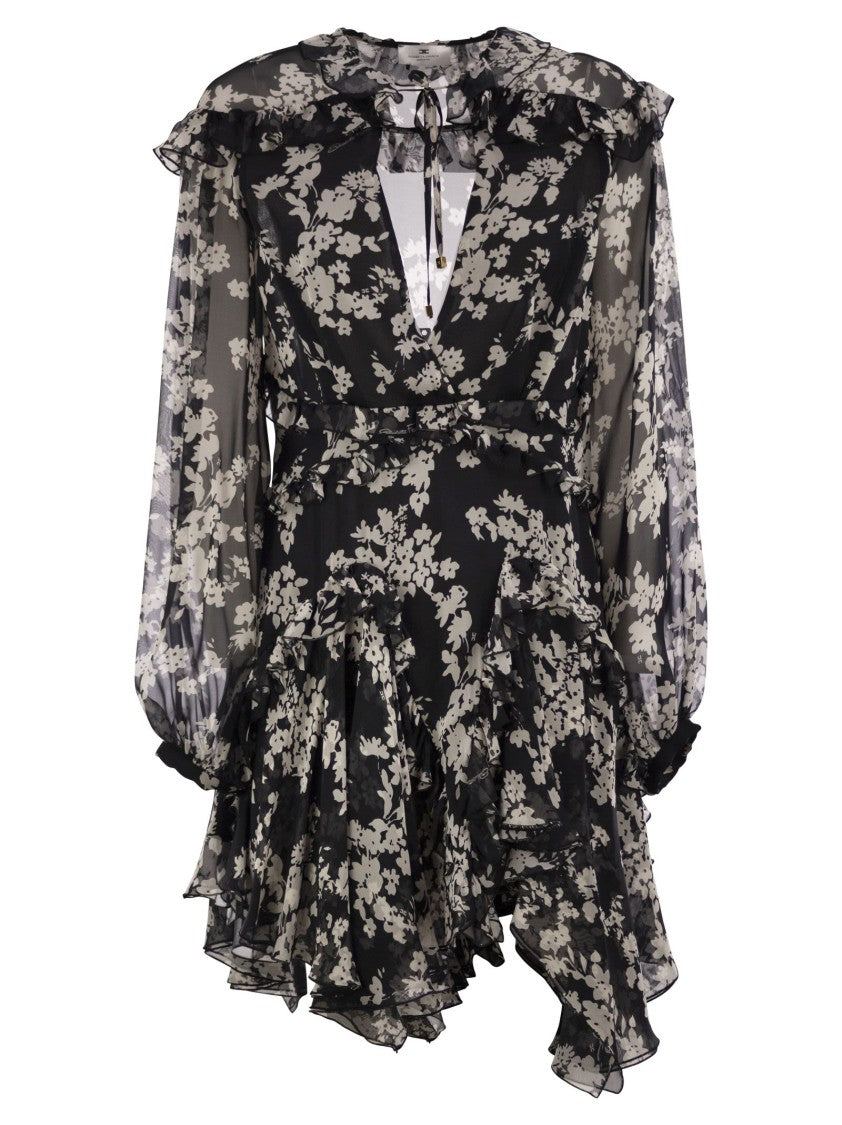Elisabetta Franchi Printed Silk Voile Dress With Ruffles