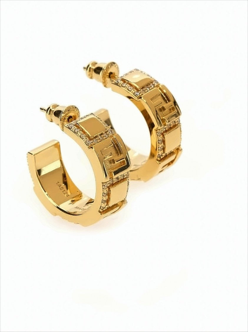 Fendi Geometric Gold Brass Earrings With Crystal Accents