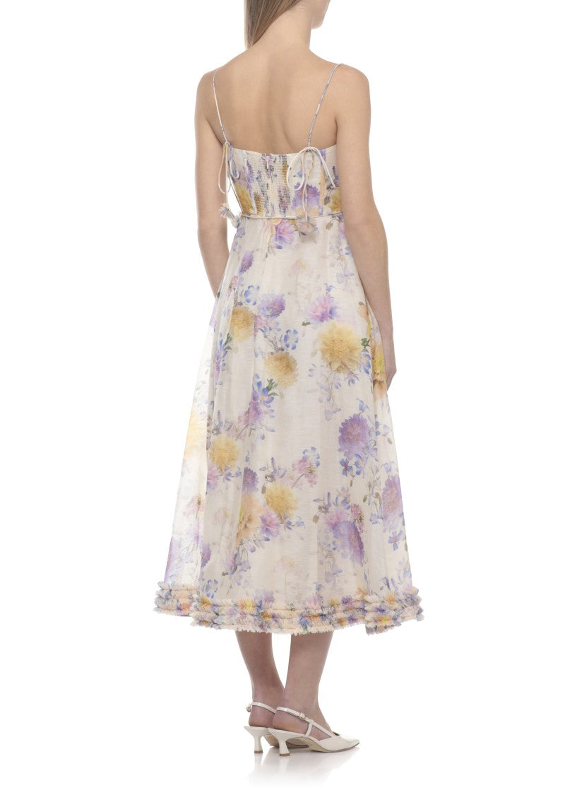 Zimmermann Heart-Neck Midi Dress With Volant Details And Floral Accents