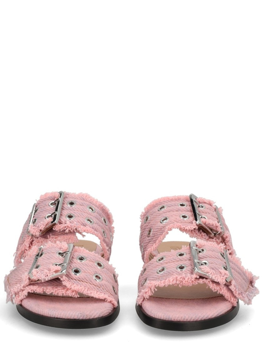 Ganni Neutrals Wide Buckled Straps Cotton Sandals