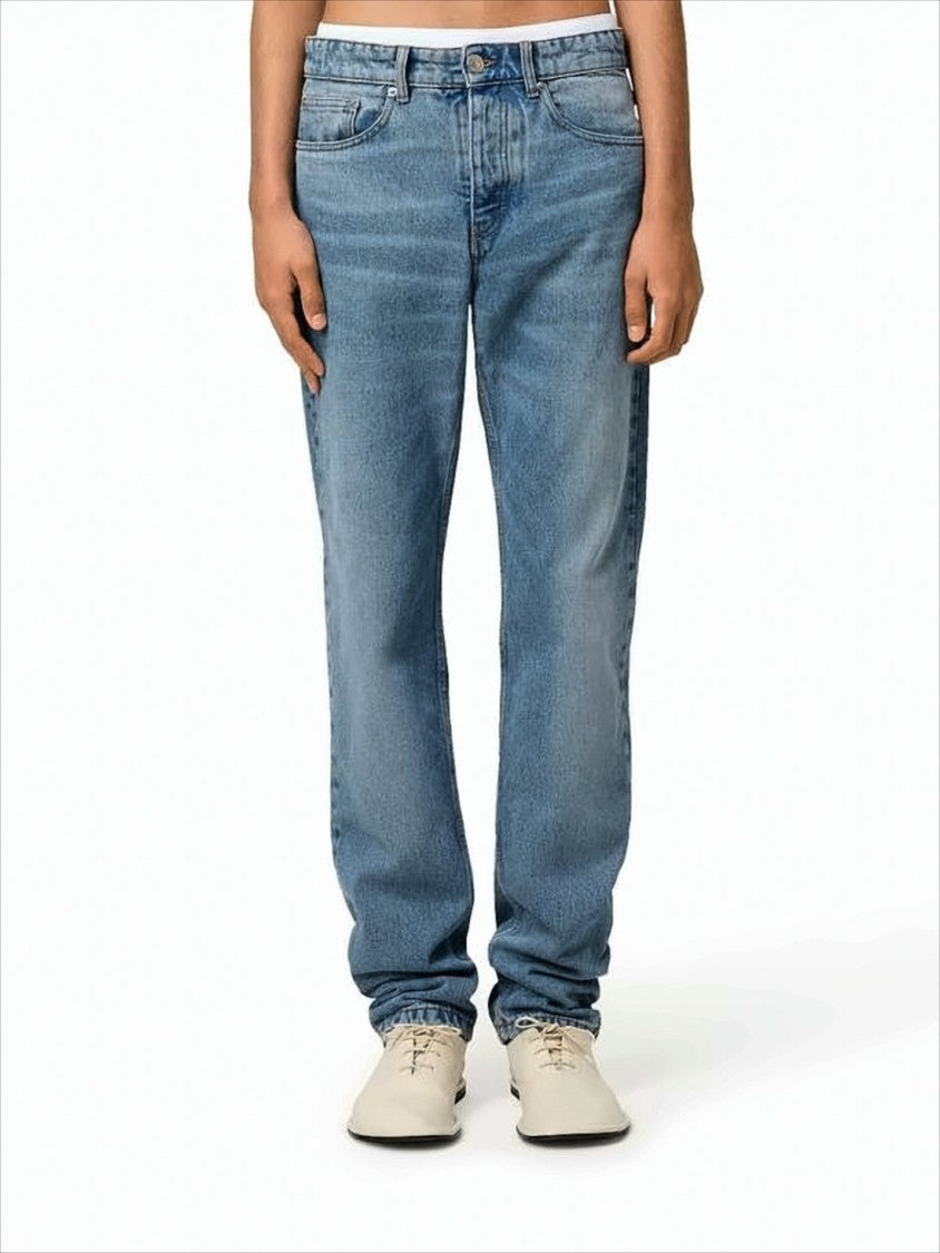 Ami Medium Blue Straight-Leg Denim Pants With Five-Pocket Design