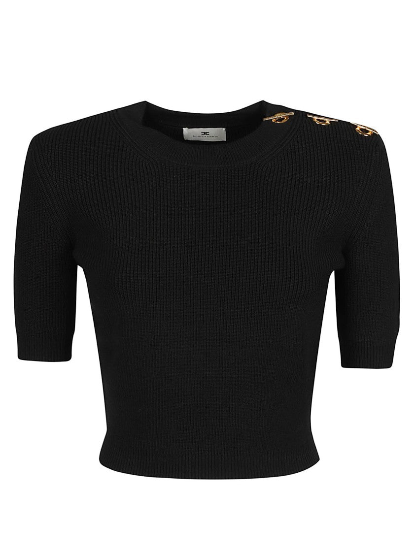 Elisabetta Franchi Fitted Cropped Sweater With Round Neckline And Gold-Tone Embellishments