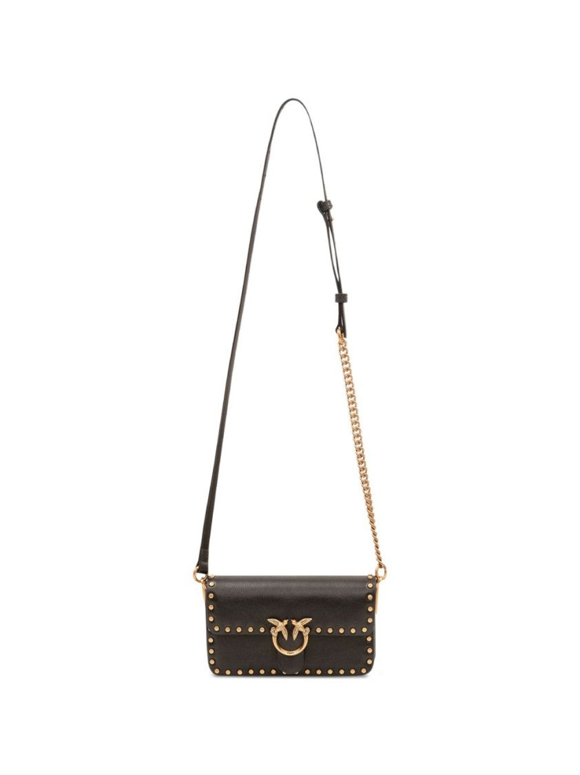 Pinko Black Rectangular Bird Clasp Studded Leather Handbag