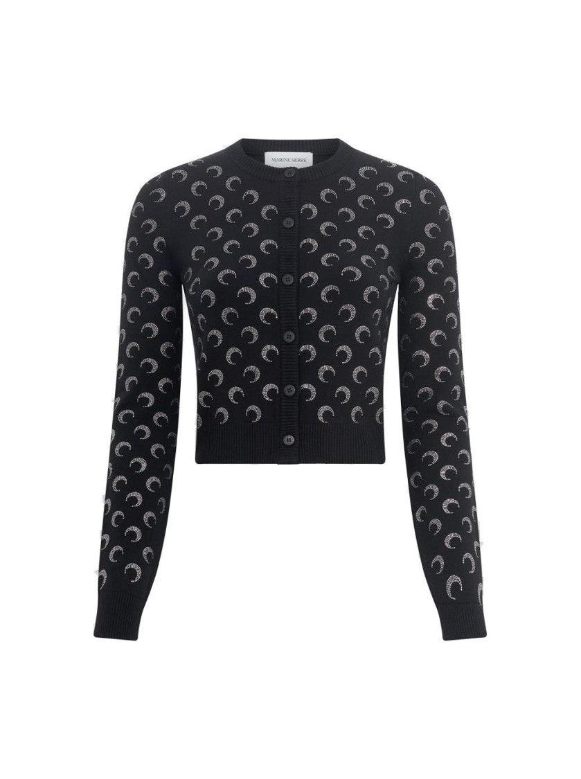 Marine Serre Moon Strass Knit Fitted Cardigan Black