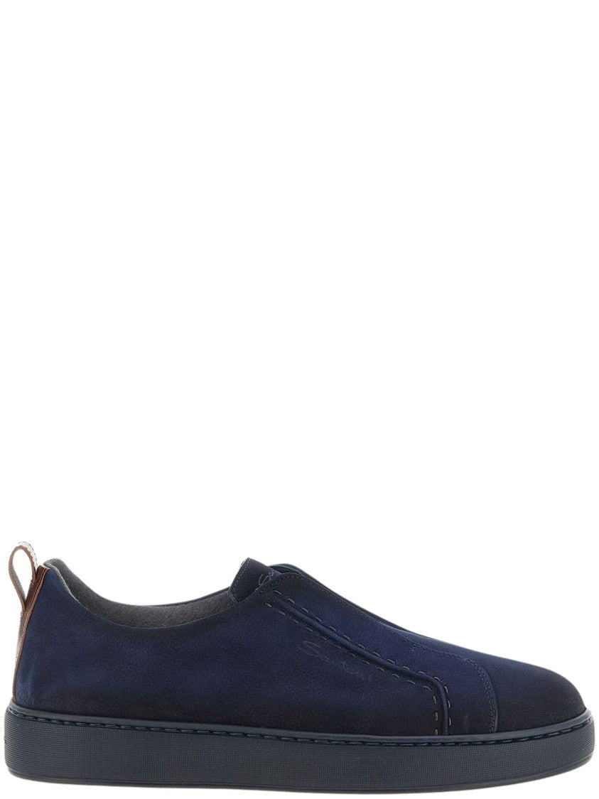 Santoni Navy Victory Leather Pull Tab Slip-On Sneakers