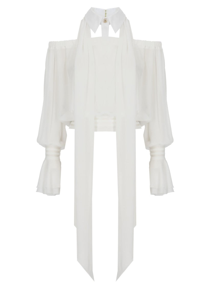 Elisabetta Franchi White Off-The-Shoulder Volant Blouse