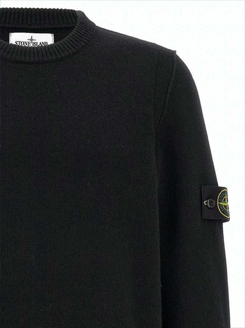 Stone Island Minimalist Black Crewneck Sweater With Ribbed Accents