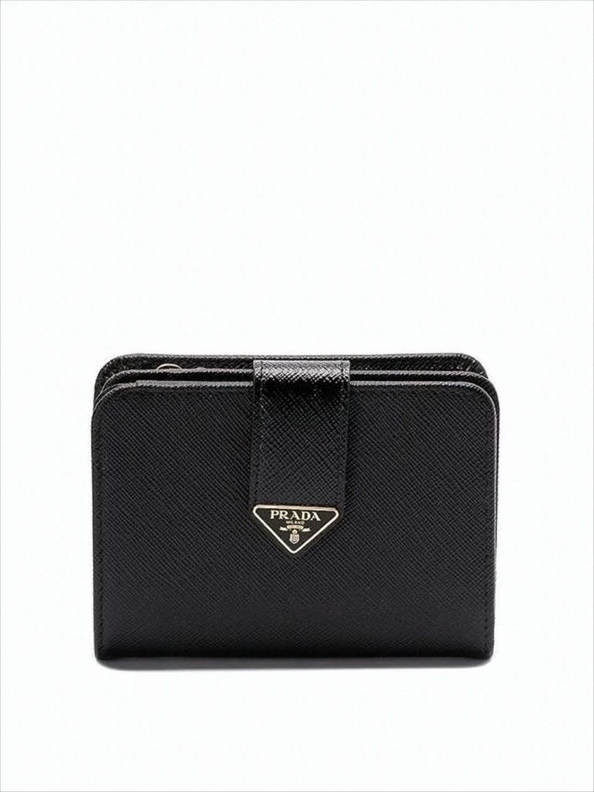 Prada Textured Leather Bifold Wallet With Snap Closure And Metallic Accents