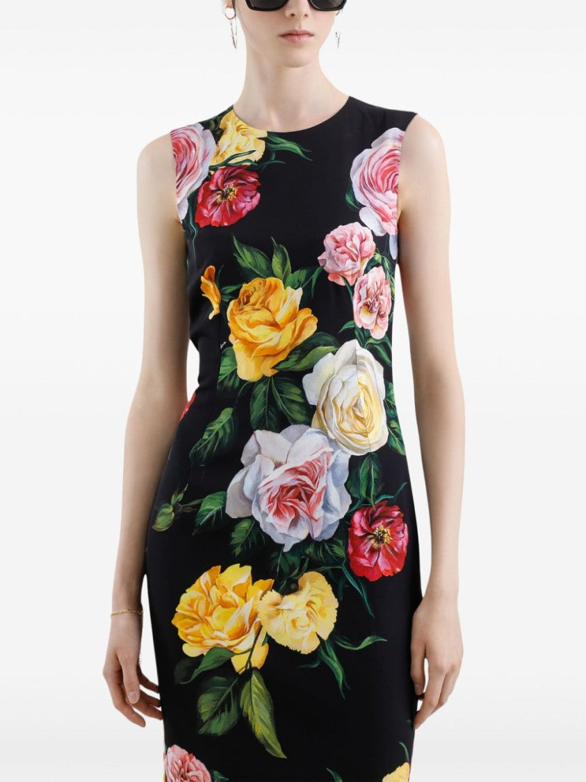 Dolce & Gabbana Fitted Floral Print Dress With Vibrant Roses