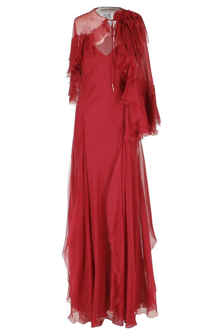 Alberta Ferretti Red Chiffon Detachable Flower Cape Overlay Silk Dress
