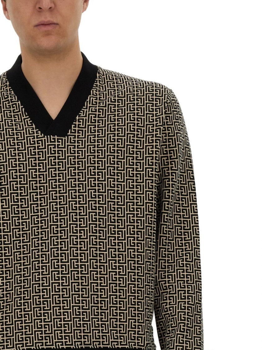 Balmain Geometric Monogram Jersey With Deep V-Neckline