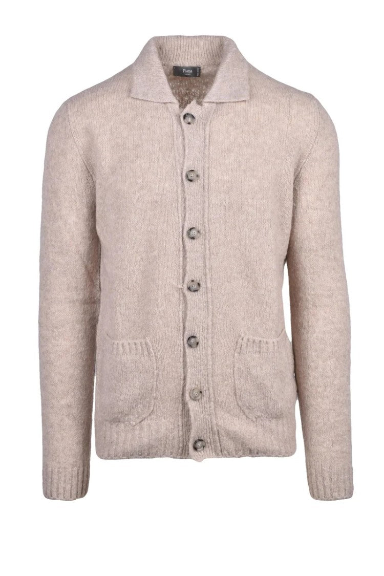 Fama Beige Button-Up Cardigan With Classic Collar