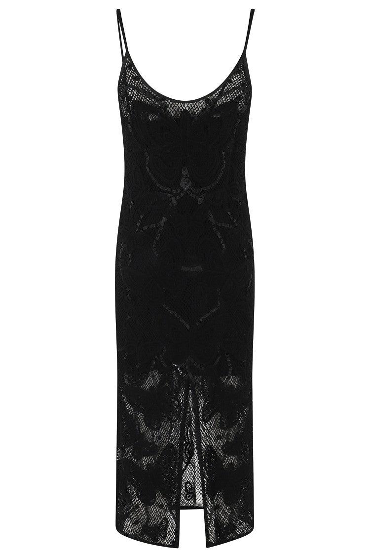 Blumarine Black Butterfly V-Neck Macrame Work Cotton Day Dress