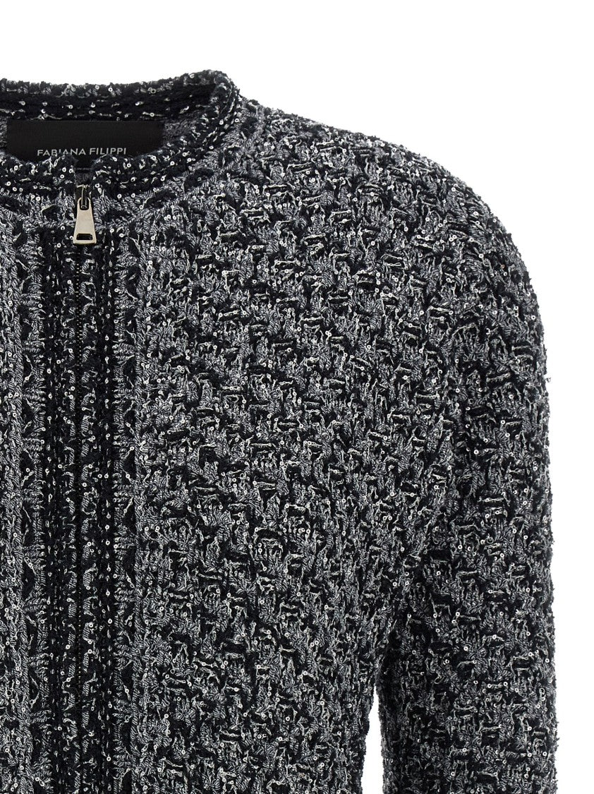 Fabiana Filippi Micro Sequin Denim Effect Tweed Jacket With Flared Waist