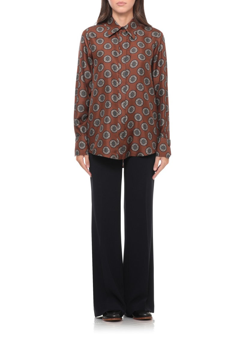 Alberto Biani Brown Spherical Print Classic Collar Silk Shirt