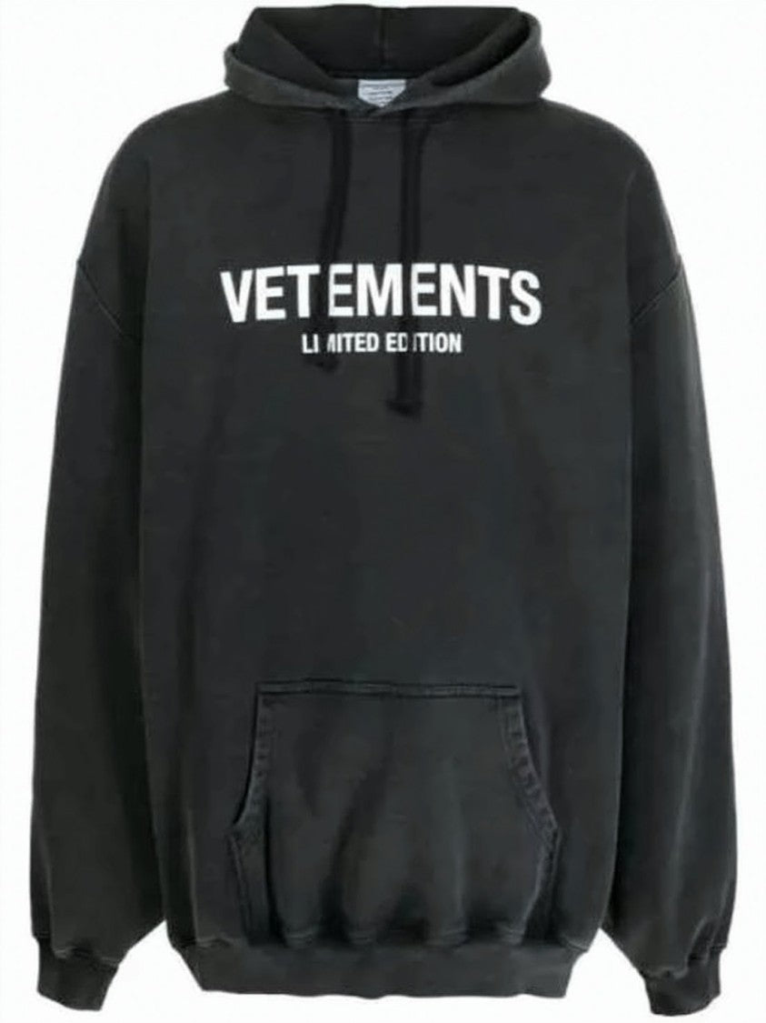 Vetements Oversized Black Hoodie With Distressed Typography