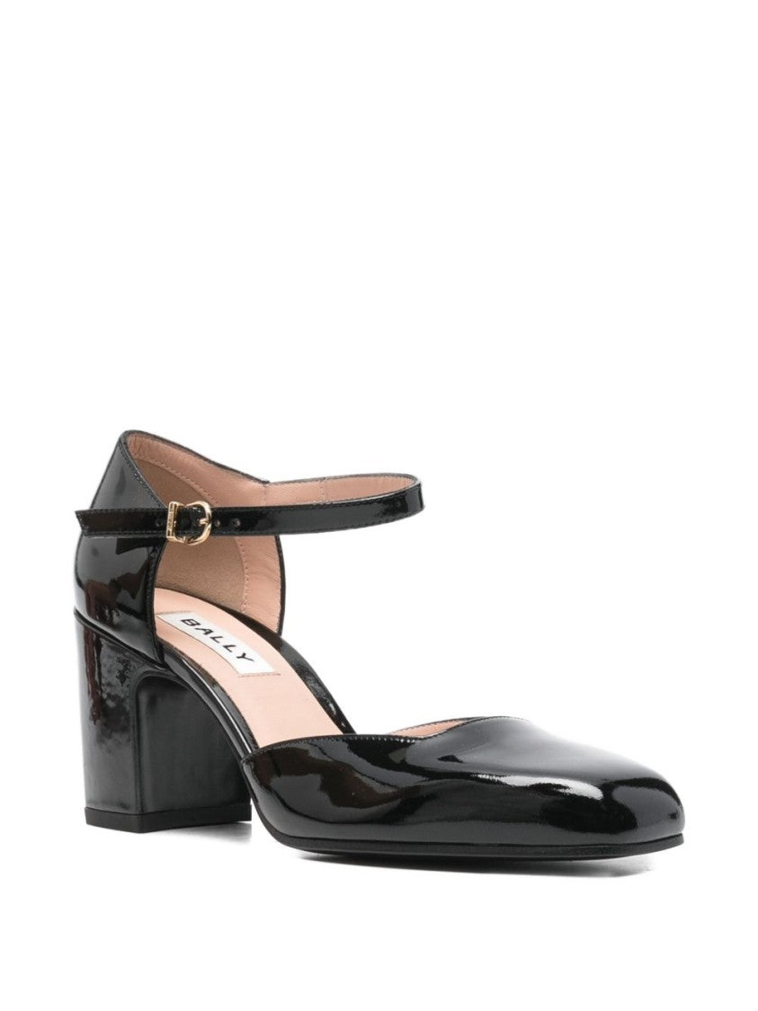 Bally Glossy Black Block Heeled Strap Pumps