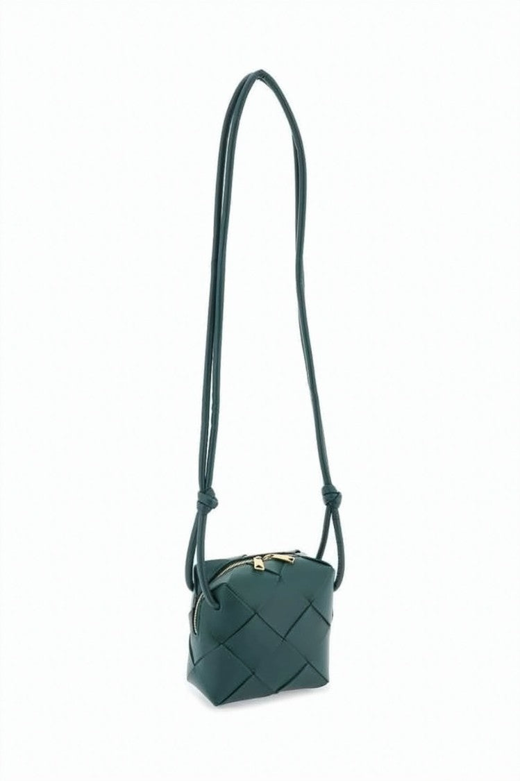 Bottega Veneta Structured Green Lambskin Crossbody Bag With Oversized Woven Pattern