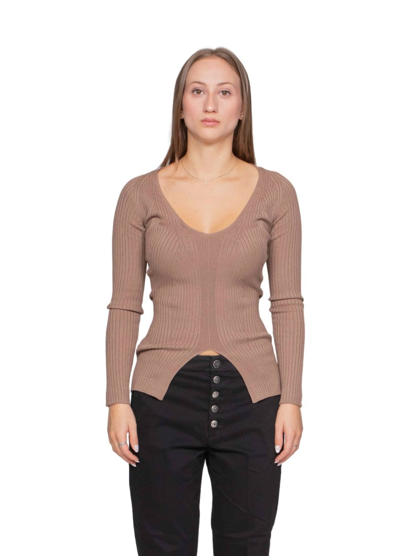 Dondup Fitted Ribbed Knit Top With Asymmetrical Hem And Deep V-Neckline
