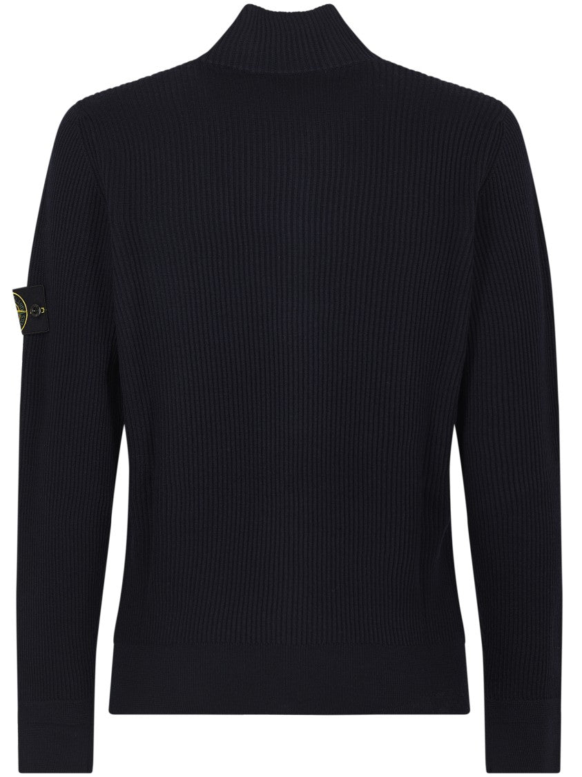 Stone Island Navy Blue Ribbed Knit Sweater