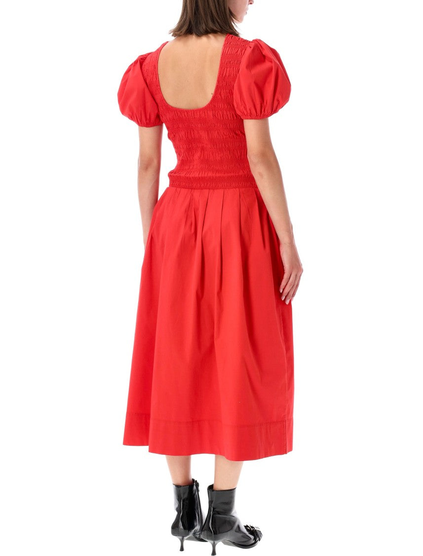 Ganni Midi Dress With Smocked Bodice And Pleated Skirt