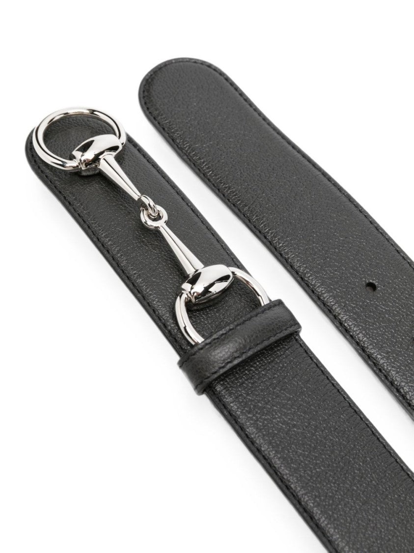 Gucci Black Calfskin Silver Horsebit Belt