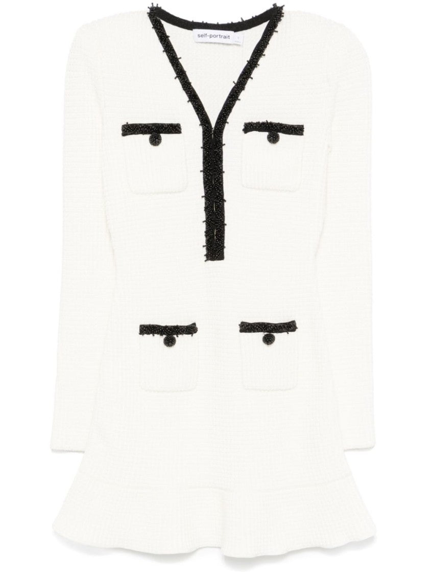 Self-Portrait Textured White Dress With Beaded V-Neckline