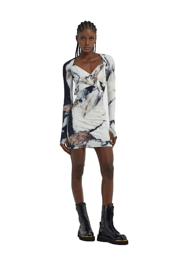 Roberto Cavalli White Polyamide-Elastane Marble-Print Bodycon Dress