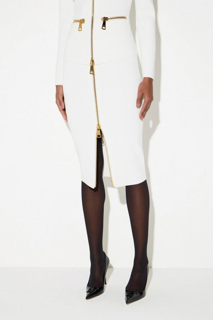 Elisabetta Franchi Ivory Viscose-Polyamide Blend Zip-Detail Pencil Skirt