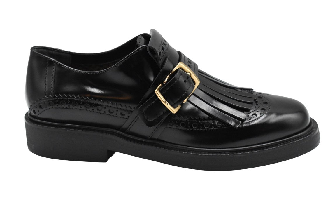 Tod's Laced Black Flat Shoes With Fringed Detail