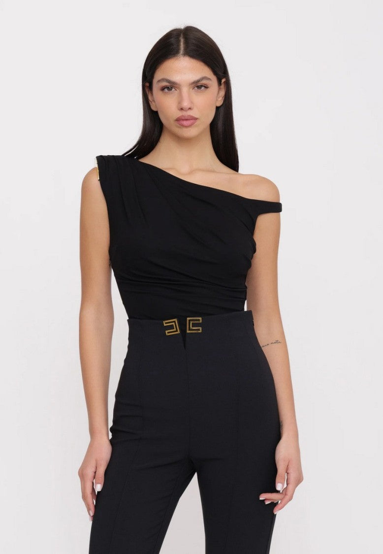 Elisabetta Franchi Black One-Shoulder Mesh Panel Viscose-Blend Bodysuit
