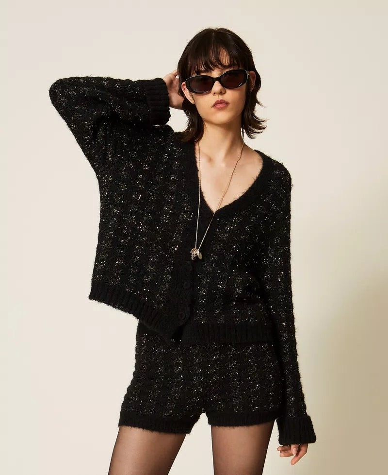 Twin-Set Black Sparkle-Fleck V-Neck Polyester-Blend Cardigan