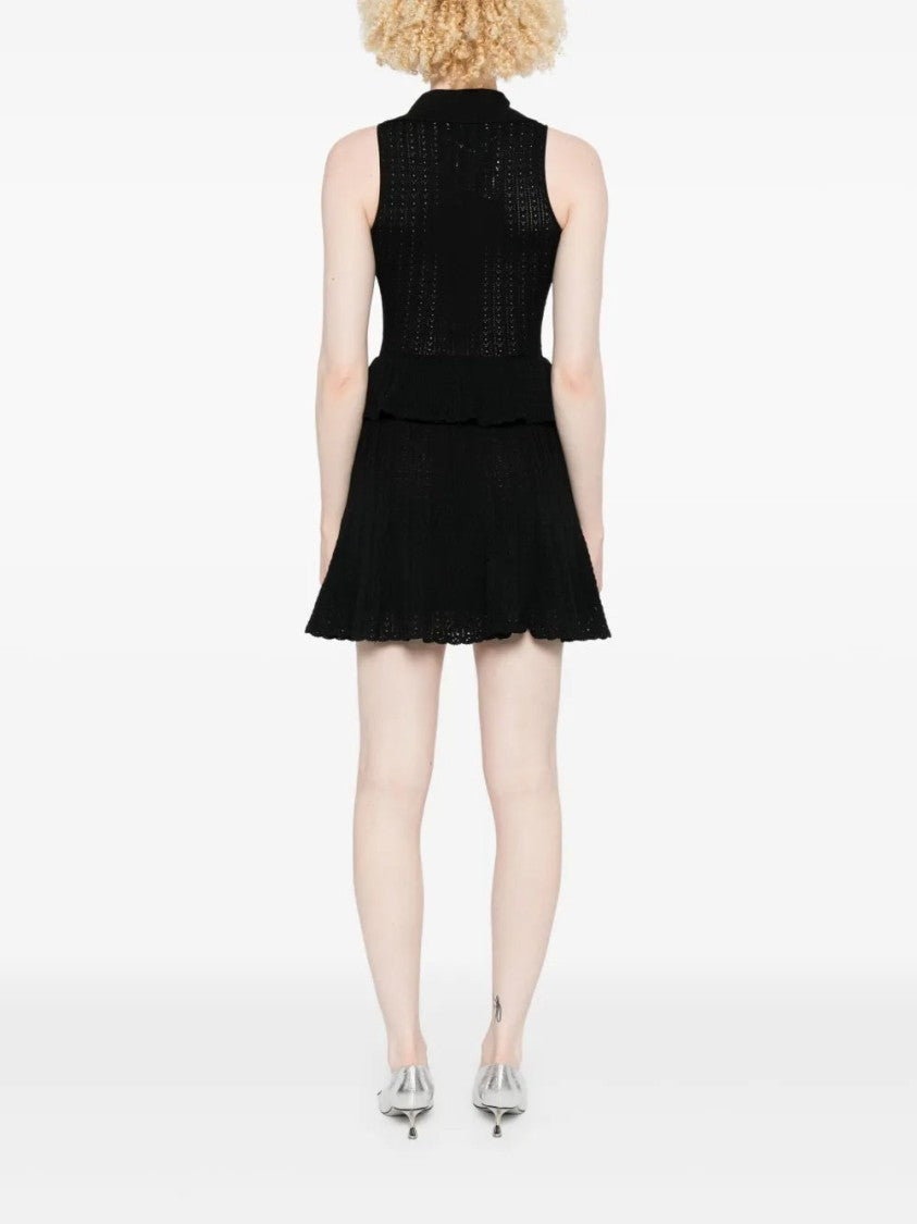 Self-Portrait Pointelle-Knit Mini Dress With Flap Pockets And Chain-Link Accents