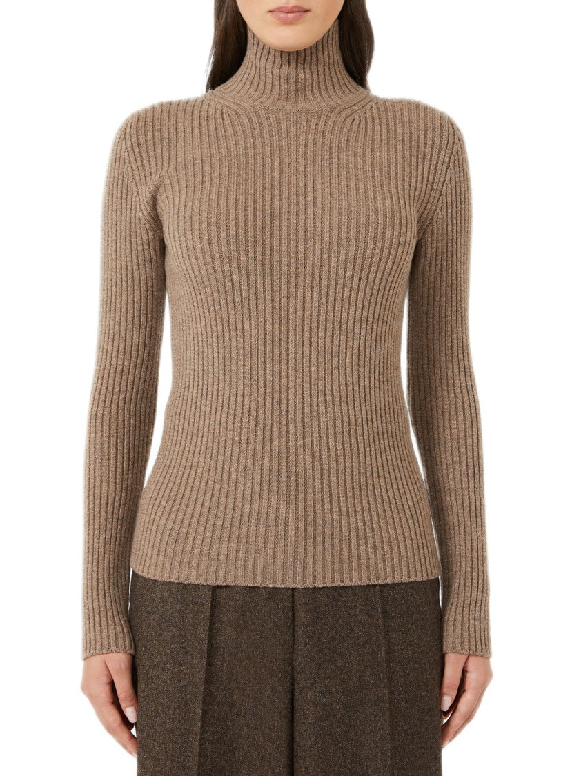 Max Mara Fitted Brown Ribbed Knit Sweater