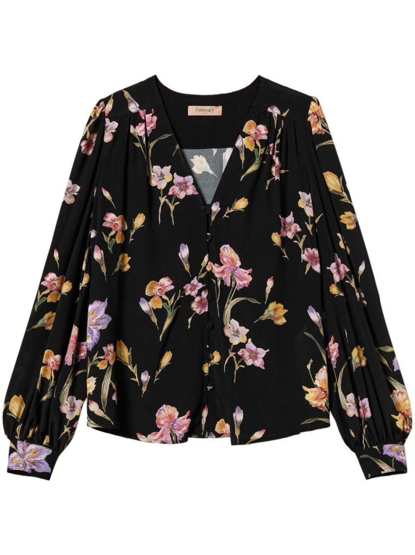 Twin-Set Floral Print Black Shirt With V-Neck