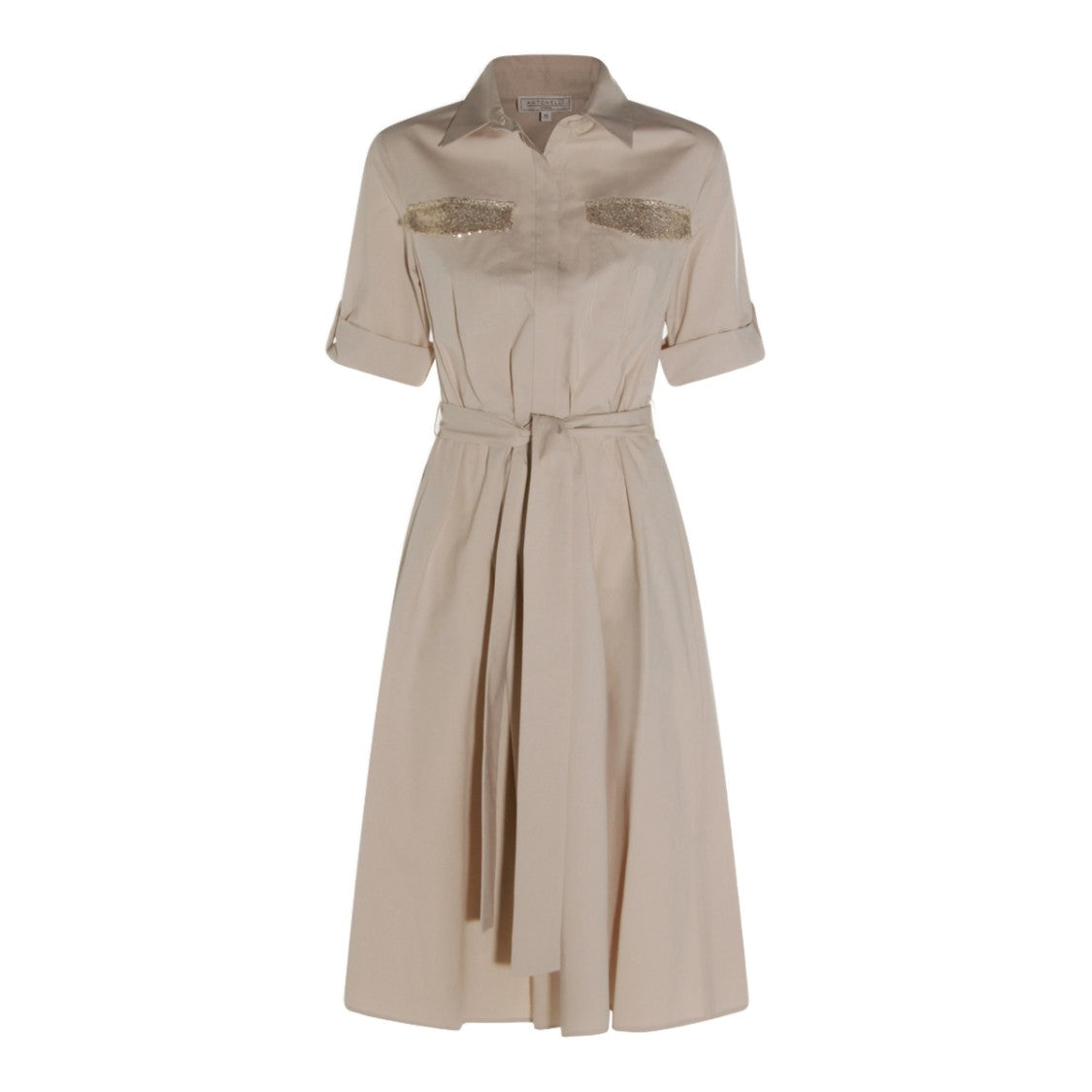 Antonelli Firenze Belted Beige Midi Dress With Classic Shirt Collar
