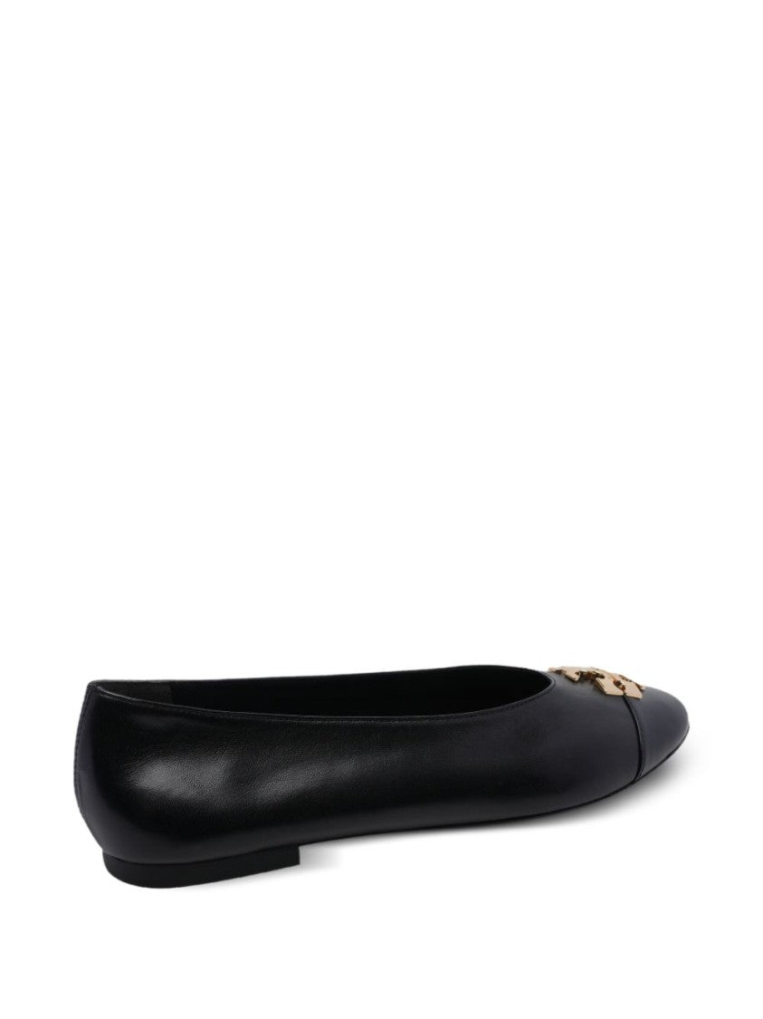Tory Burch Black Pointed Toe Metallic Logo Detail Flats