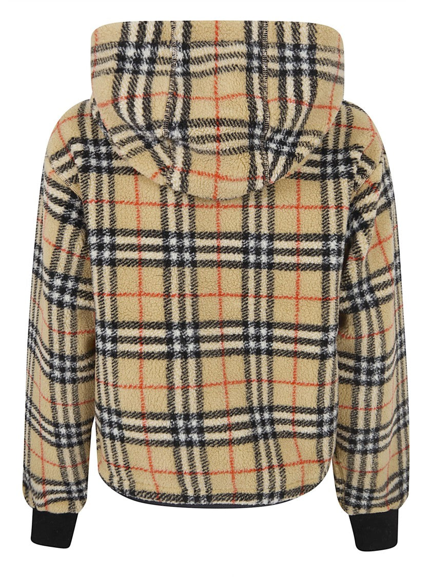 Burberry Cropped Fleece Jacket With Drawstring Hood And Check Pattern
