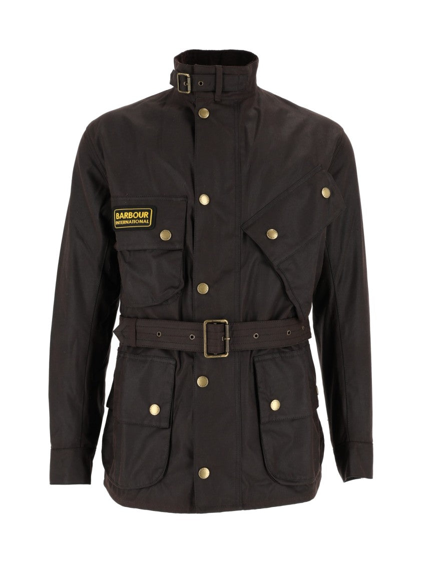 Barbour Brown Waxed Cotton Jacket With Belted Waist And Functional Pockets