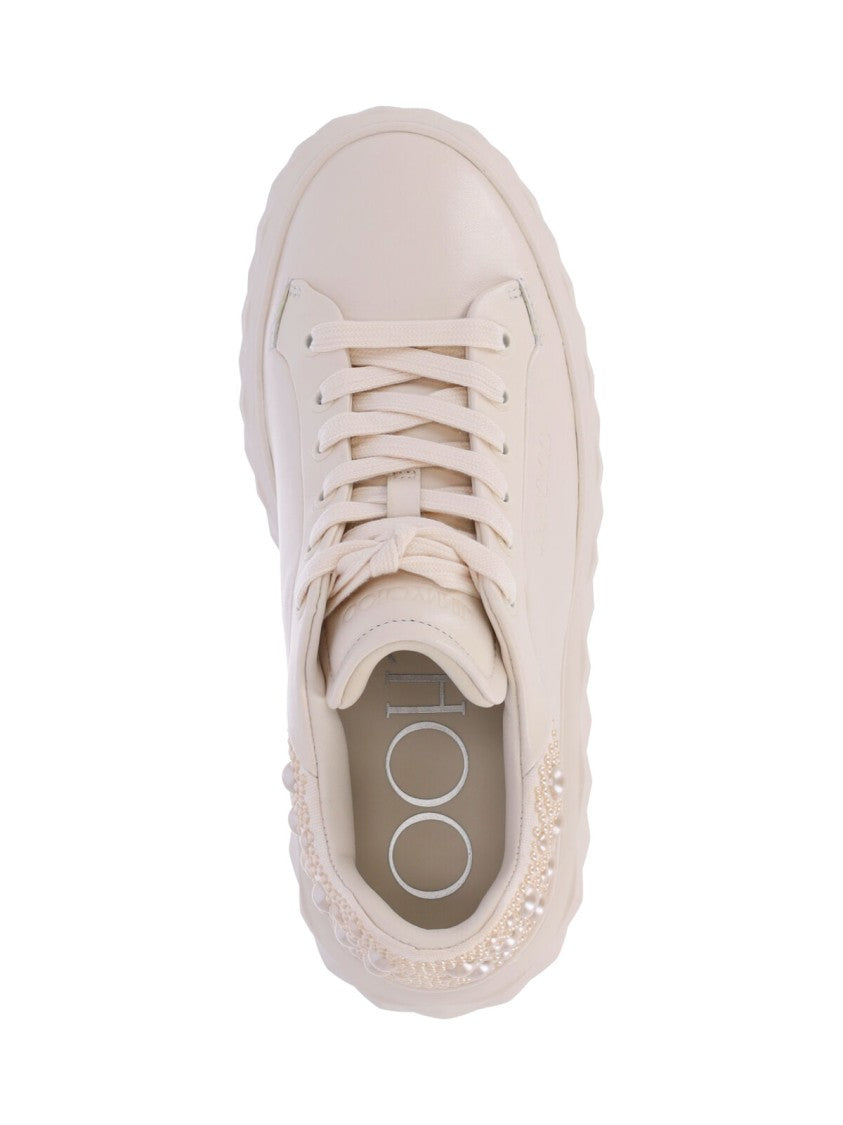 Jimmy Choo Cream Leather Textured Sole Pearl Detail Sneakers