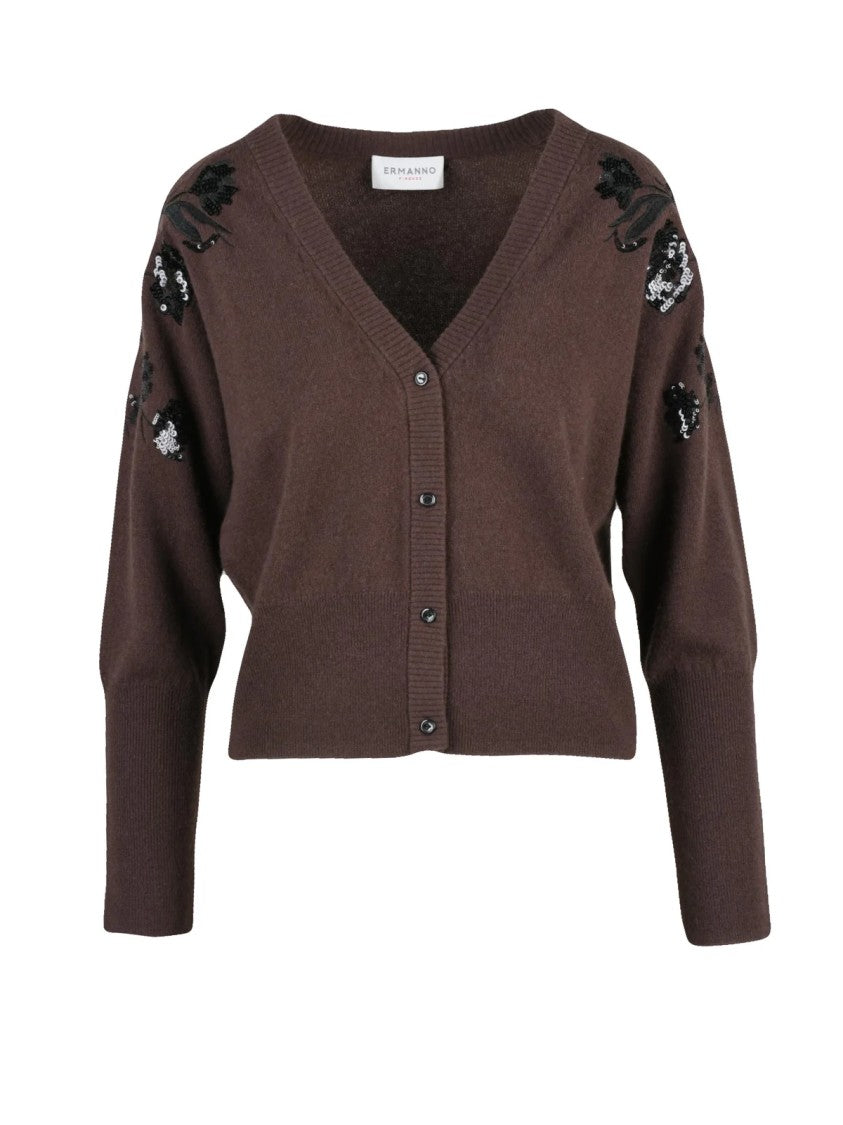 Ermanno Firenze Brown Embroidered Polyamide-Blend Cardigan