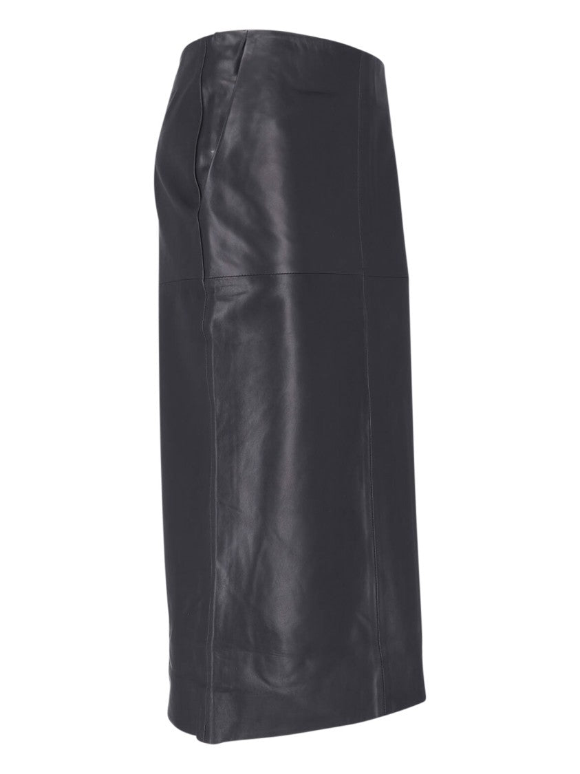 Almada Fitted Black Leather Midi Skirt With Back Zip Closure