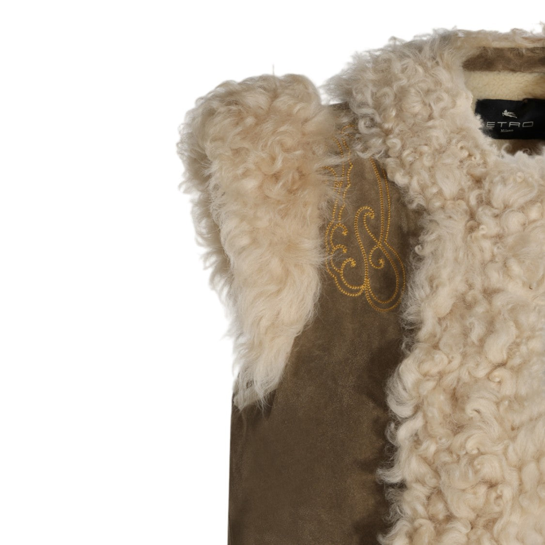 Etro Peacock Embroidered Shearling Trim Suede Sleeveless Jacket