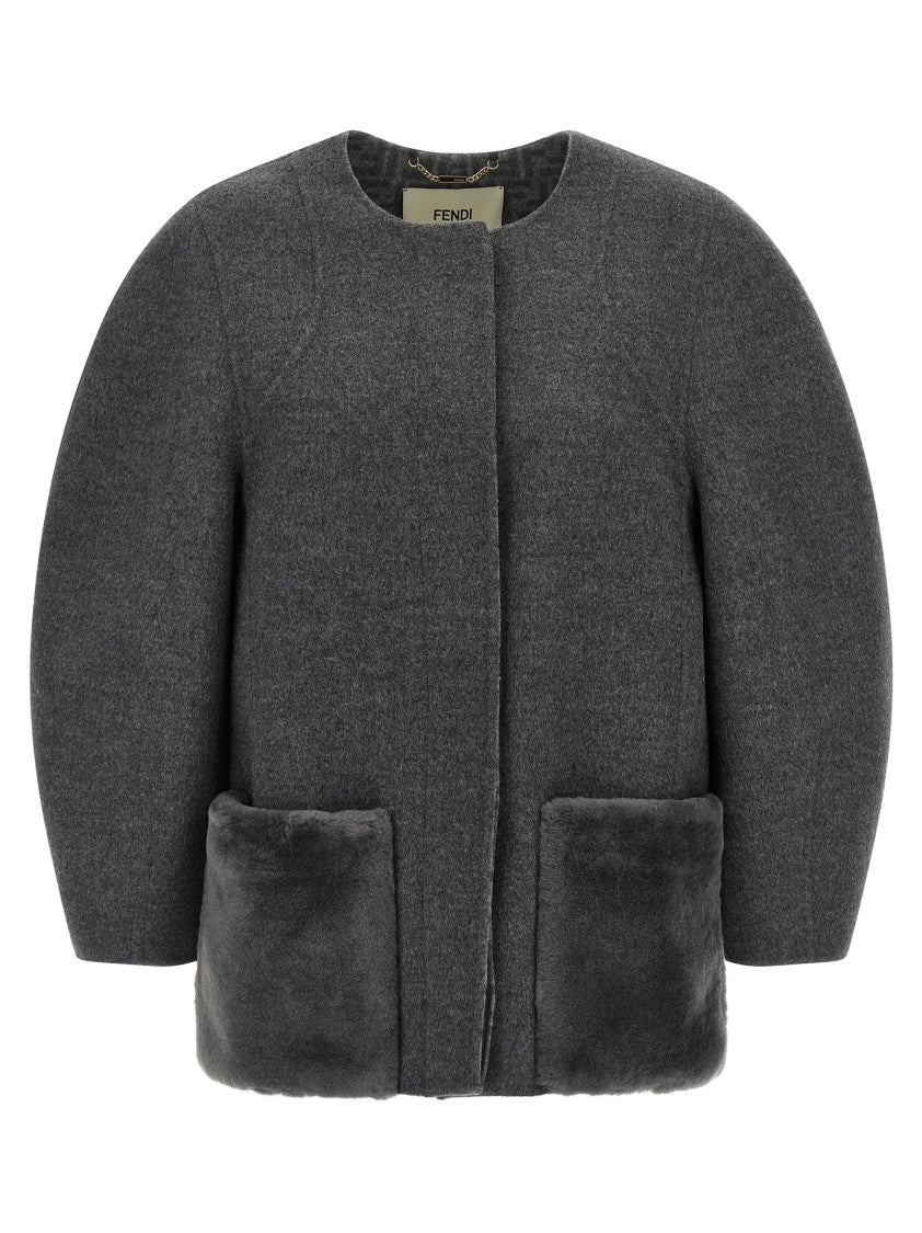 Fendi Cocoon Blouson In Double Mélange Wool With Sheepskin Accents
