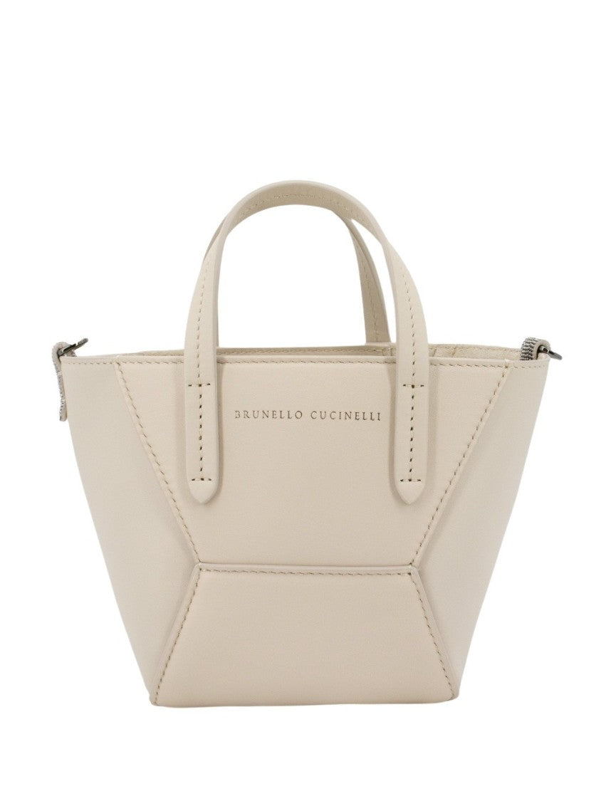 Brunello Cucinelli Ivory Leather Shoulder Bag With Jewel Embroideries