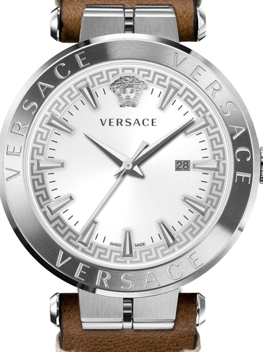 Versace Aion Quartz Watch With Silver Dial And Brown Calf Leather Strap