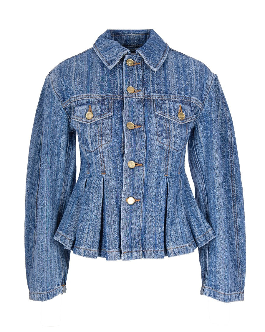 Ganni Giubbino Plissettato In Denim A Righe Mid Blue Stone