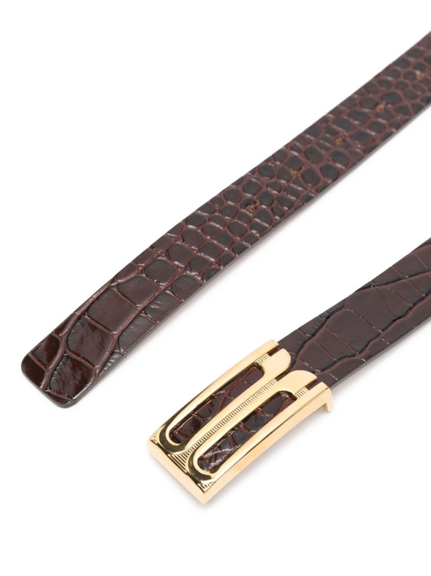Victoria Beckham Crocodile-Embossed Brown Leather Belt With Gold-Tone Buckle