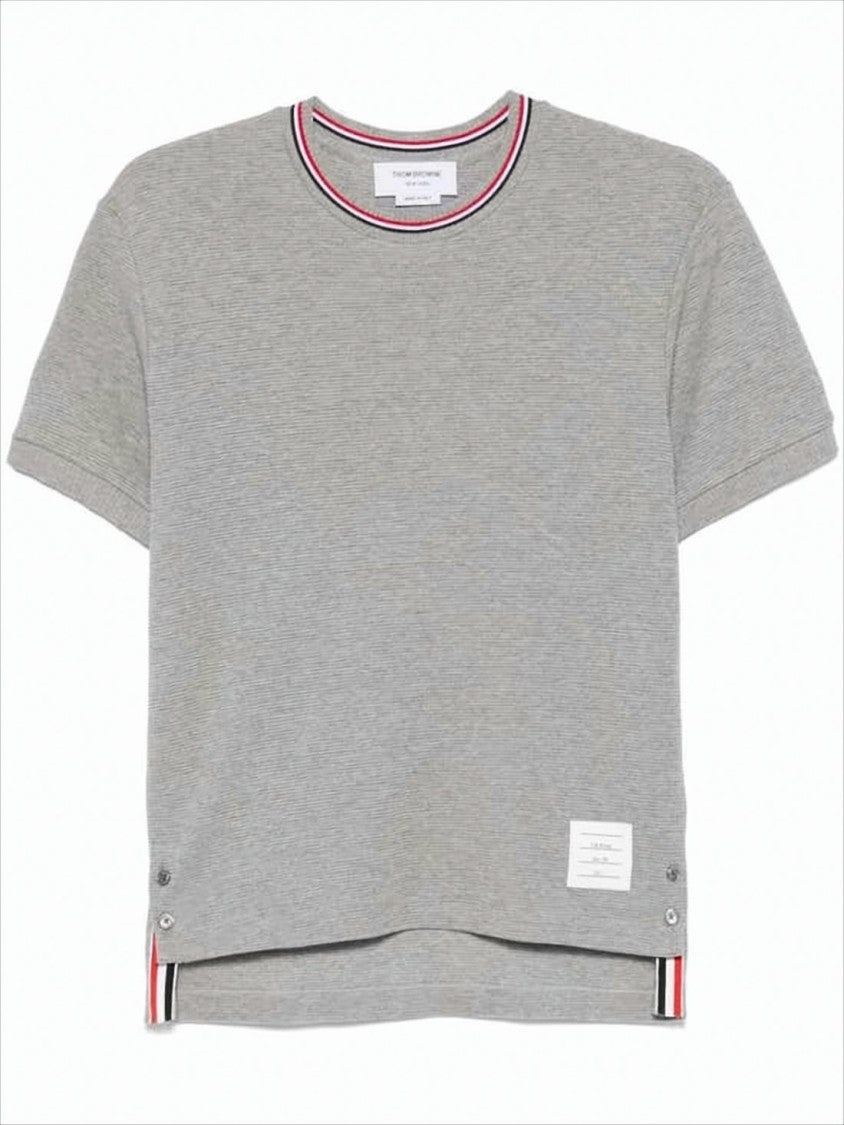 Thom Browne Short-Sleeve Cotton T-Shirt With Striped Neckline And Snap Hem