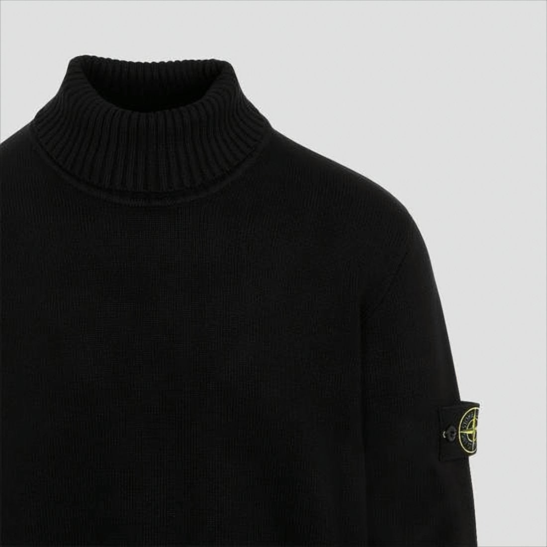 Stone Island Black Turtleneck With Ribbed Collar And Logo Patch